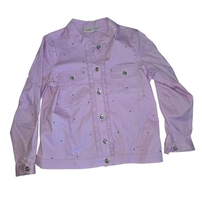 Quacker Factory Embellished Denim Jacket Ruffle Trim Button Front Light Purple M - Image 1 of 4