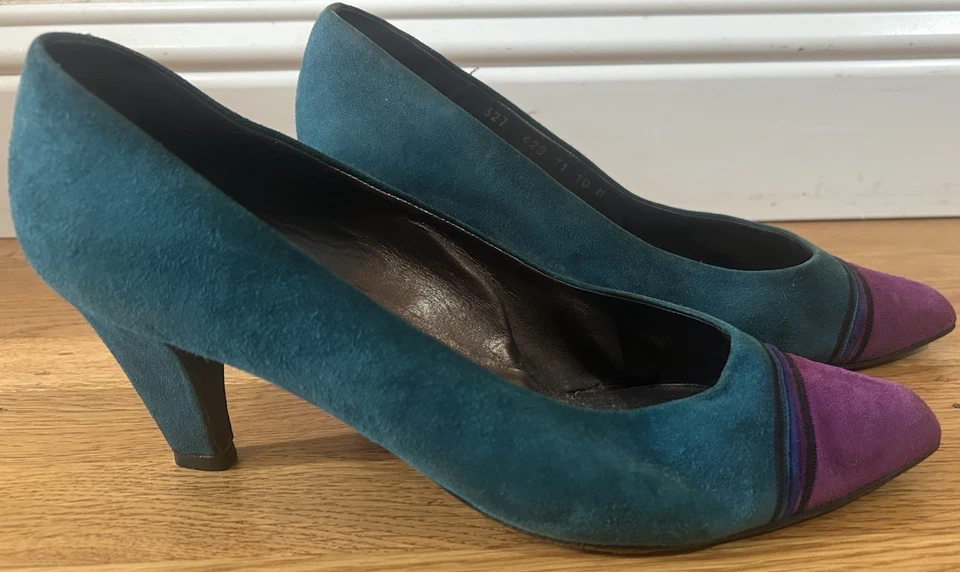 VTG 80’s Bally Suede Color Block Pump Teal Fuchsia 10 M 3 In Heel Made In Italy - Image 1 of 4