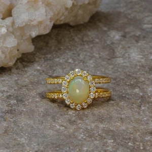 Natural Ethiopian Opal And Diamond Ring 14k Solid Gold Minimalist Wedding Ring - Picture 1 of 3