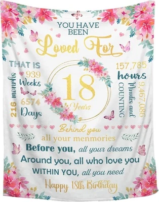 18th Birthady Flannel Blanket Floral Butterfly Throw 40''x 50'' For Kids/Child - Image 1 of 4