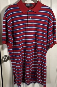 VINTAGE Polo Ralph Lauren Golf Logo Red Blue White Stripe Size L 100% Cotton - Picture 1 of 4