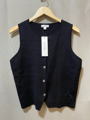 NUEVO CON ETIQUETAS Calvin Klein Mujeres Sin Mangas Botón Frontal Tejido Suéter Chaleco Top Talla L Negro Foto 1 de 4