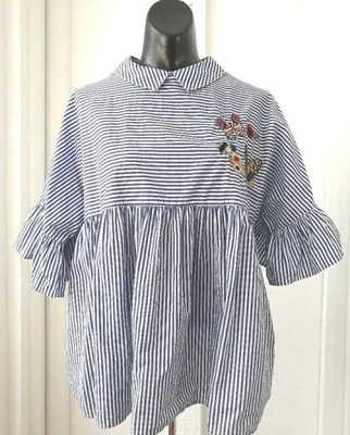 Mango Smocked Stripe Blouse Women Sz 8 Embroider Butterfly Floral Peplum Relaxed - Image 1 of 4