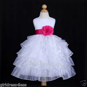WHITE/FUCHSIA HOT PINK ORGANZA WEDDING FLOWER GIRL DRESS 12M 18M 24M 2 4 6 8 10 - Picture 1 of 2
