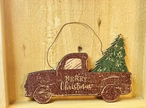 Glittered Wood Merry Christmas Red Truck Ornament  - Picture 1 of 6