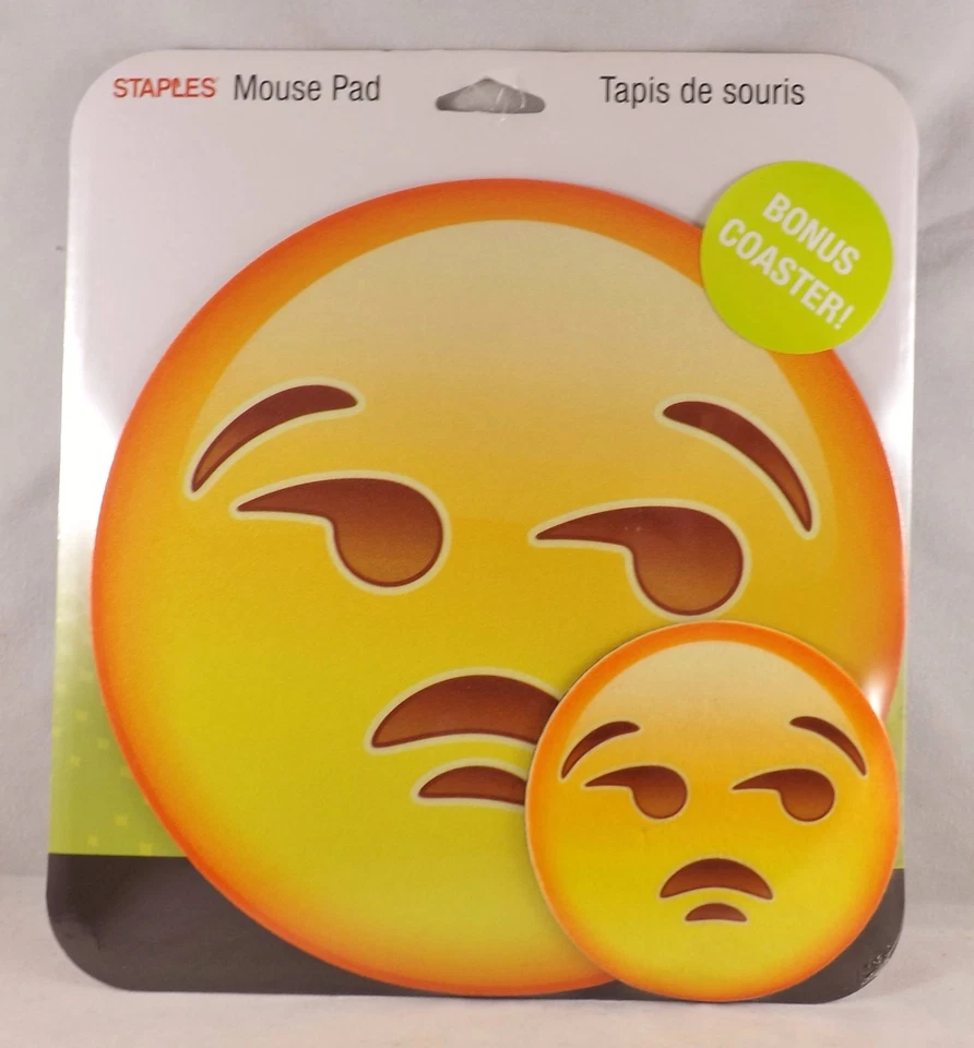 Staples Mouse Pad & Bonus Coaster - New - Meh Disapproving Emoji - Image 1 of 1