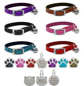 Cat Collar Real Leather, Safety Elastic Bell, Range of Colours With Optional Tag