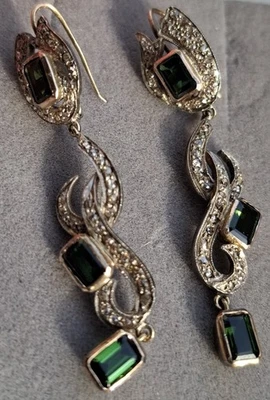 Par de aretes colgantes de gancho de oro y plata de 14 quilates de 1 quilate con diamantes y turmalina 55 mm Foto 1 de 4