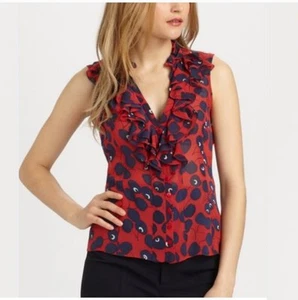 Nanette Lepore Sleeveless 100% Silk Blouse Sheer Cherry Print Ruffle Size 4 USA - Picture 1 of 10