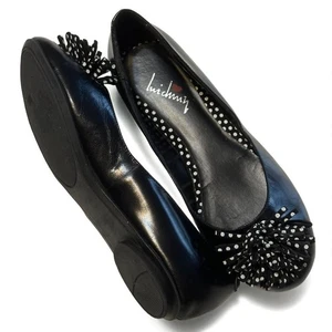 Luichiny Women's Ballet Flats Shoes Sz 6 Black Leather Preppy Polka Dot Pom Pom - Picture 1 of 11