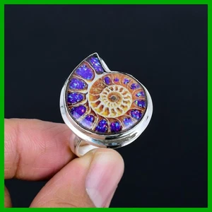 925 Sterling Silver Natural Purple Shade Ammonite Fossil Promise Engagement Ring - Picture 1 of 11