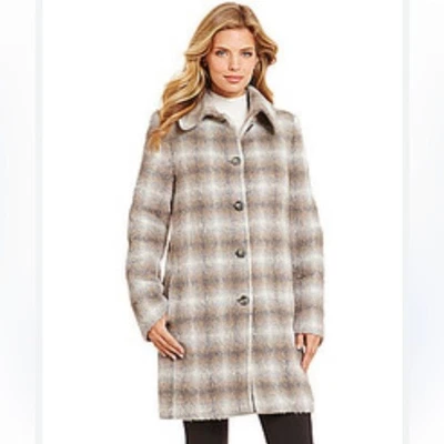 NWT Katherine Kelly | Alpaca Wool Plaid Brown Off White Long A Line Coat 12 - Image 1 of 4