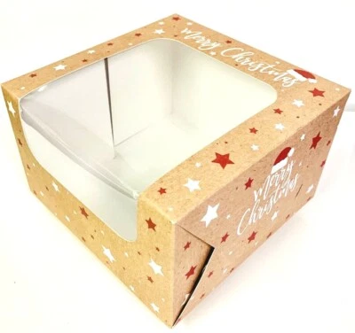  CHRISTMAS CAKE BOXES  FESTIVE Square with clear Window Choose size & quantity - Image 1 of 4