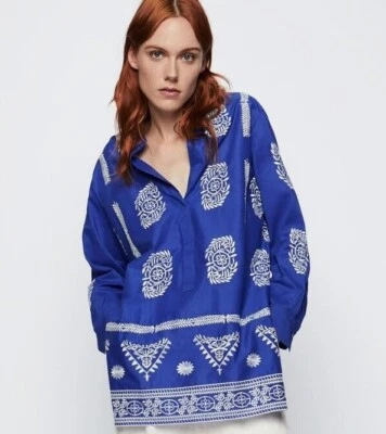 ZARA Tunic Top Medium Royal Blue Cotton Embroidered Long Sleeves - Image 1 of 4
