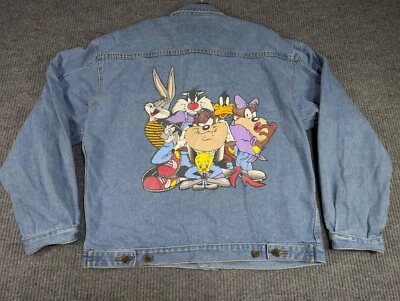 VTG Looney Tunes Jacket Mens Large Blue Denim Trucker Embroidered Taz Bugs 90s - Image 1 of 4