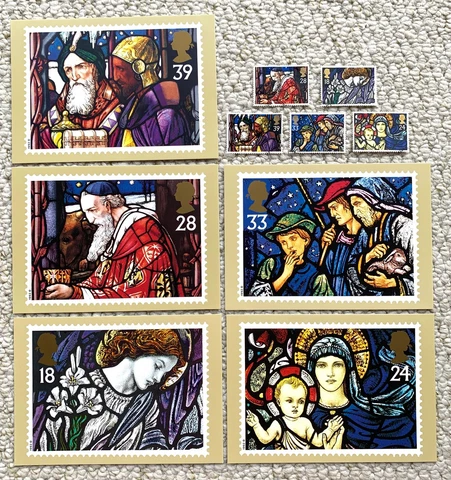 PHQ 148, CHRISTMAS 1992 STAINED GLASS - 5 ROYAL MAIL POSTCARDS + MATCHING STAMPS Cover