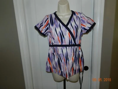 EUC Koi XS Scrub Top Navy lavendar orange pink geometric Shirt Uniform 115PR - Image 1 of 4