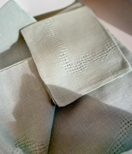 Paño de mesa vintage y 3 servilletas dibujadas roscado como nuevo lino verde (?) - Imagen 1 de 8