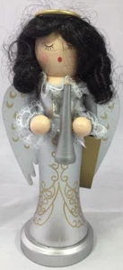 New Wooden Nutcracker Angel Silver Choir Trumpet Black Hair Christmas Halo - Picture 1 of 10