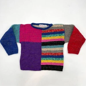 Vintage 80s Child's Sweater Colorblocked Stripes Rainbow Girl Retro Variegated - Picture 1 of 12