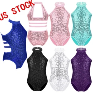 Kids Girls Sequined Leotards Ballet Rompers Unitards Dance Gymnastics Costume - Picture 1 of 38