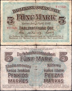 5 MARCOS 1918 KOWNO DARLEHNSKASSE ALEMANIA ORIENTAL OCUPACIÓN. Serie: D 177421 -G- #H74 - Imagen 1 de 4