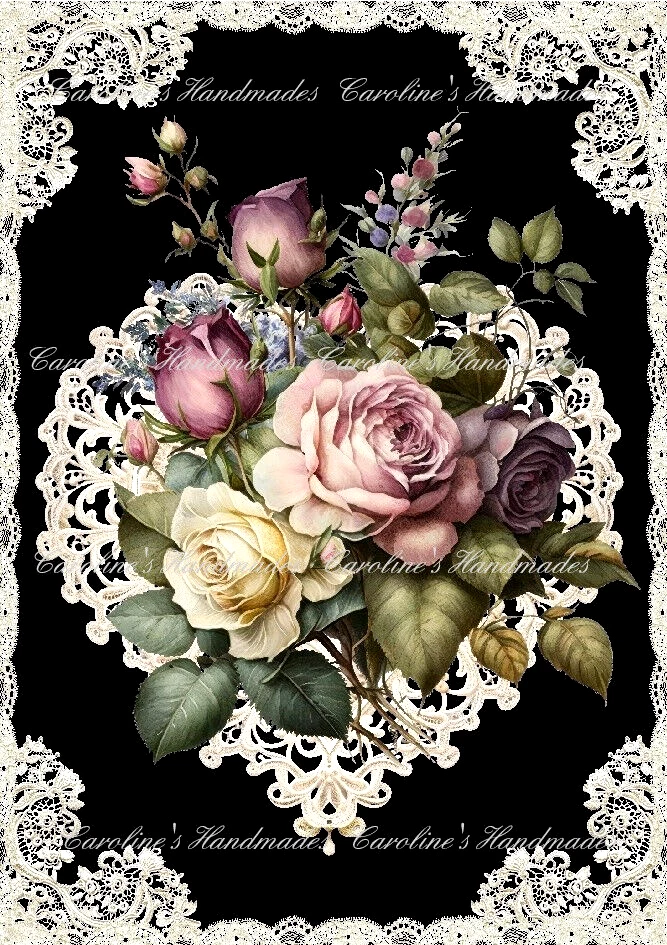 Beautiful Roses & Vintage Lace Designer Cotton Fabric Quilt Block Multi-size - Image 1 of 1