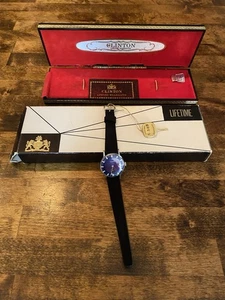 Vintage Clinton Uhr 6 509 Jubiläum blaues Zifferblatt weiße Strasssteine - Bild 1 von 13