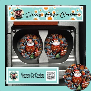 Car Coasters Santa Claus Christmas Holiday Doodles Set of 2 Neoprene Absorb - Picture 1 of 5
