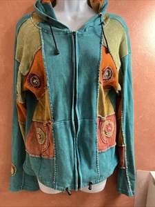 sweat à capuche femme patchwork brodé fermeture éclair complète L/XL hippie boho - Photo 1/5