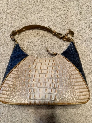 BRAHMIN Shoulder Bag Embossed Navy Beige leather hobo - Image 1 of 4