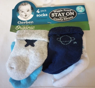 Organic Cotton Gerber Baby Boy Socks 4 Pk Wiggle Proof 0-6 M Blue, White, Gray - Image 1 of 4