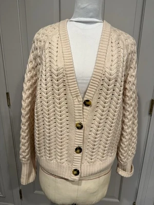 Elie Tahari 美利奴羊毛女式开衫针织毛衣 M 码奶油色二手状况完好 — 第 1/3 张图片