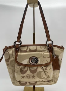 Coach Bandana Leah F14949 Khaki Brown Shoulder Handbag Purse Mint - Picture 1 of 16