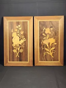 Vintage set of 2 floral marquetry wood inlay 10x6" pictures plaques - Picture 1 of 9