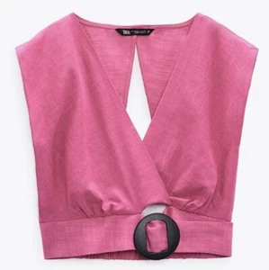 ZARA NEU MIT ETIKETT Kette Schnalle Gürtel Wickel Top 100 % Baumwolle Crop Top Barbie rosa Größe Large - Bild 1 von 2