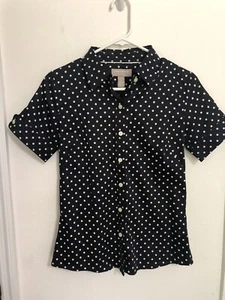 Banana Repubic Womens Non-Iron Fitted Short Sleeve Polka Dot Navy Shirt Sz Pet 2 - Picture 1 of 9