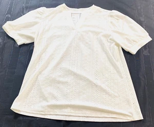 women's casual summer top size XL white short puff sleeve V neck pullover hollow - Picture 1 of 7