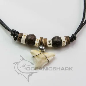 Bull shark tooth necklace wood fish bone vertebrae bead c53 - Picture 1 of 3
