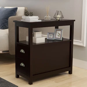 Narrow Brown Nightstand with Two Drawers and Open Shelf End Table - Picture 1 of 12