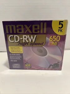 MAXELL CD-RW High Speed 5 Pack New Sealed Pack 650MB 74 Min. ReWritable CD - Picture 1 of 2