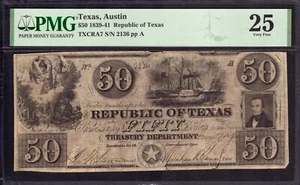 1840 $50 REPUBLIC OF TEXAS TREASURY NOTE CONTEMPORARY ANNOTATION READ PMG VF 25 - Picture 1 of 5