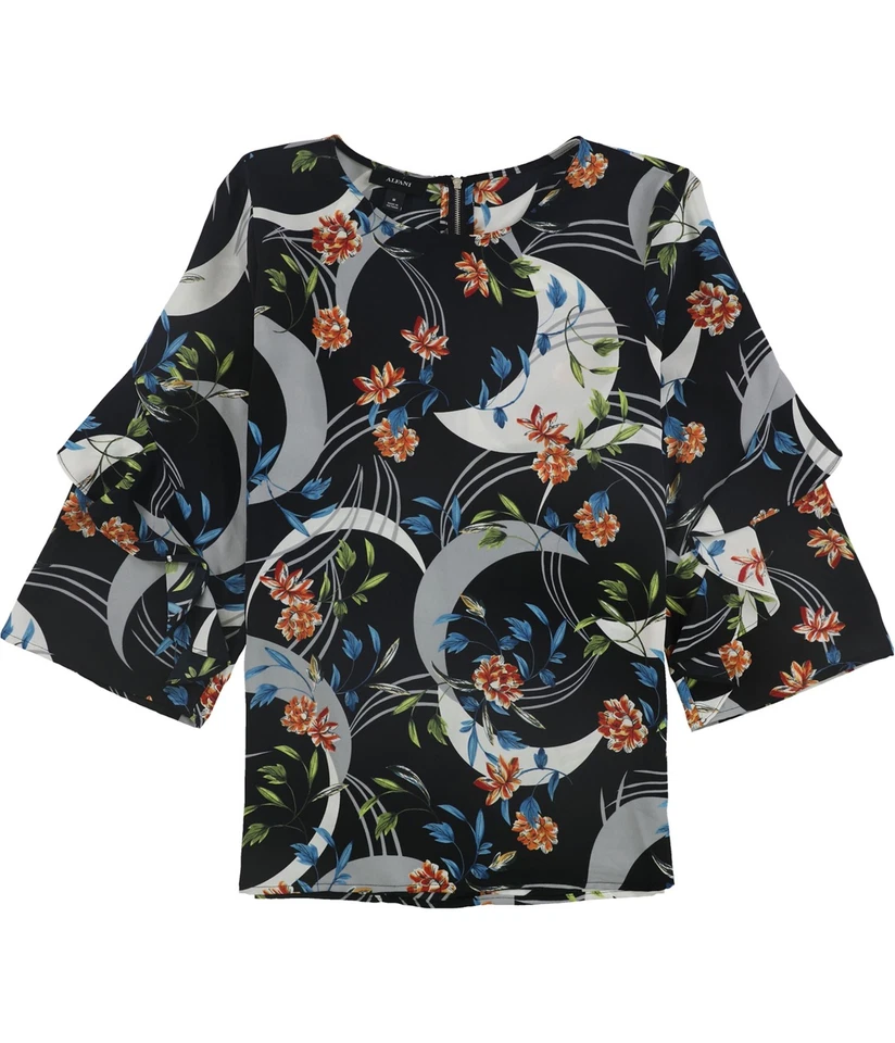 Alfani Women's Black Floral Crescent Ruffled Scoop Neck Blouse Top Size L