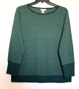 CJ Banks Size 1X Dark Green Stripe thermal knit top, long sleeves, NWT - Picture 1 of 4