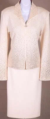 ST.JOHN Women's Cream Silver Gold Sequins Studs Rhinestone Jacket Skirt Sz 12 - Image 1 of 4