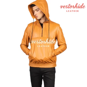 Herren hellbraun Leder Hoodie Pullover echtes Lammleder Jacke Freizeit Streetwear - Bild 1 von 7