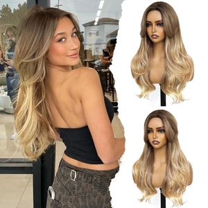 Ombre Blonde Perücke 26 Zoll Vorhang Pony Perücken für Frauen Lang Wellig Lagenlook Synth... - Bild 1 von 7