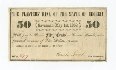 1862 50c The Planters Bank of the State of GEORGIA Note - CIVIL WAR Era - Image 1 of 2