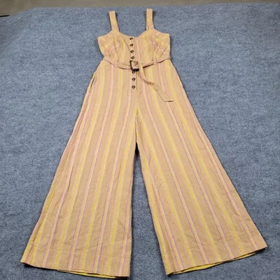 Mono Anthropologie para mujer 6 rayas mezcla de lino pierna ancha sin mangas botón Foto 1 de 4