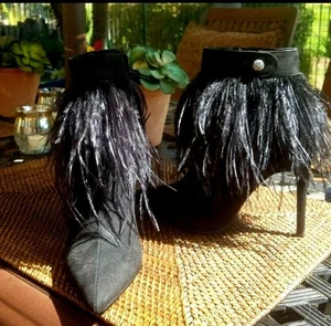 165 Nordstrom Nina Black Ostrich Feather Ankle Boots, Women's Size 5 - Picture 1 of 3